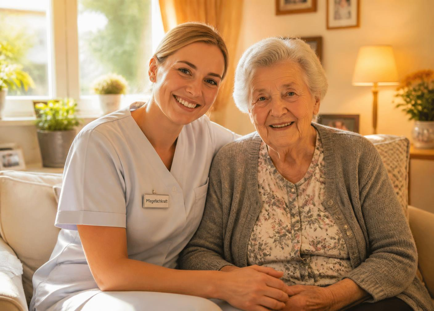 Pflegekraft und Seniorin sitzen lächelnd nebeneinander auf dem Sofa